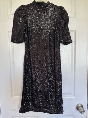 XS Joie Black Sequin Midi Dress with Puff Sleeves-never worn